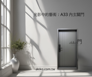 這張圖片展示了一扇由 Akiko 門製造的不鏽鋼內玄關門，型號為 A33。門的設計簡約而現代，位於一個光線充足的房間內，白色的牆壁和窗戶旁邊擺放著一個綠色植物的白色花瓶，整體氛圍清新優雅。